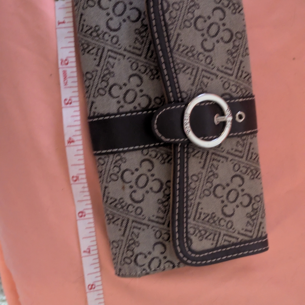Liz Claiborne Beige and Dark Brown Monogram Clutch Wallet with Silver Buckle